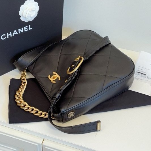 閒置新 香奈兒/Chanel 黑金嬉皮Hobo 小號牛皮肩背包 芯片款-5