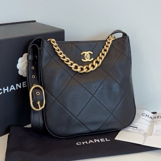 閒置新 香奈兒/Chanel 黑金嬉皮Hobo 小號牛皮肩背包 芯片款-6