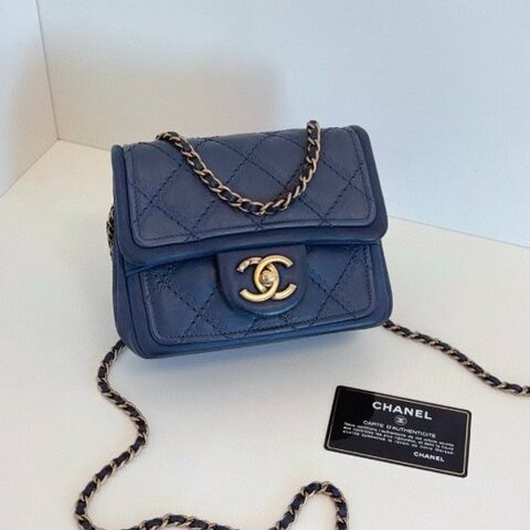 香奈兒/Chanel 外縫菱格 CF方胖子鏈條包 霧霾灰藍色