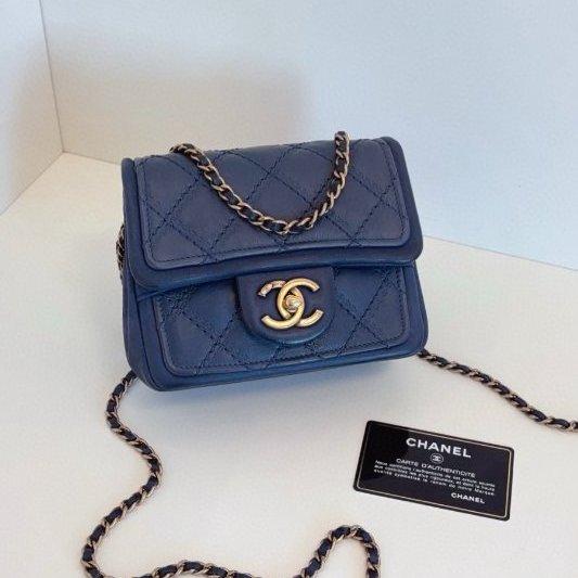 香奈兒/Chanel 外縫菱格 CF方胖子鏈條包 霧霾灰藍色-0