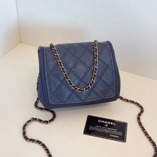 香奈兒/Chanel 外縫菱格 CF方胖子鏈條包 霧霾灰藍色-1