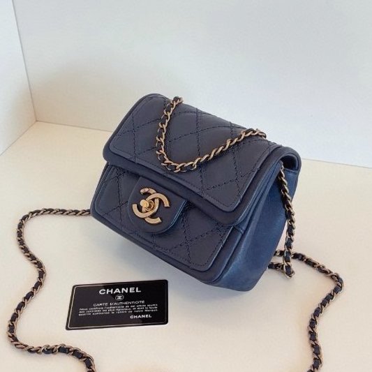 香奈兒/Chanel 外縫菱格 CF方胖子鏈條包 霧霾灰藍色-3