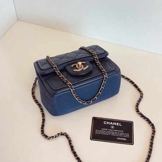 香奈兒/Chanel 外縫菱格 CF方胖子鏈條包 霧霾灰藍色-7