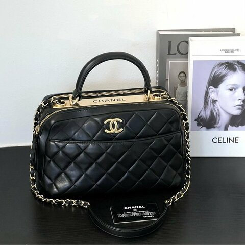 香奈兒/Chanel Trendy保齡球包 黑色菱格紋羊皮銀扣手提鏈條包