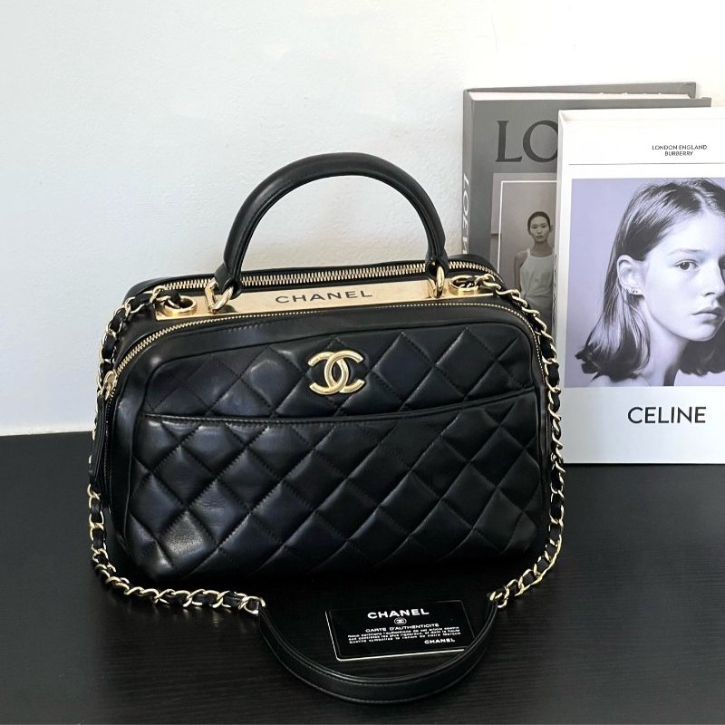 香奈兒/Chanel Trendy保齡球包 黑色菱格紋羊皮銀扣手提鏈條包-0