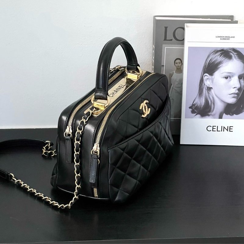 香奈兒/Chanel Trendy保齡球包 黑色菱格紋羊皮銀扣手提鏈條包-2