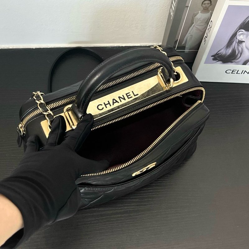 香奈兒/Chanel Trendy保齡球包 黑色菱格紋羊皮銀扣手提鏈條包-4