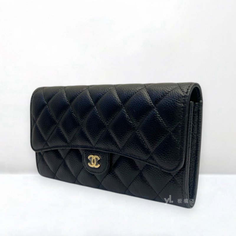 S5422-Chanel 黑荔枝牛皮金扣下蓋長夾AP0241-2
