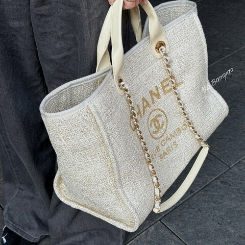 S5432-Chanel 米白拼金大號沙灘包A66941