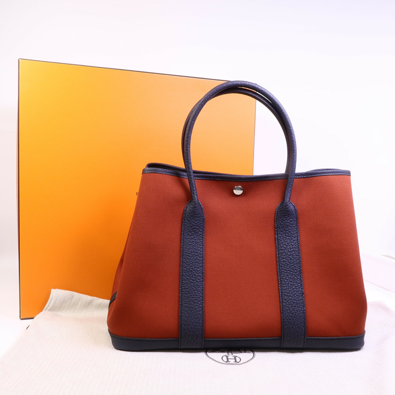 HERMES 帆布/Negonda皮革Garden Party PM手挽袋Cuivre/Bleu Indigo-9