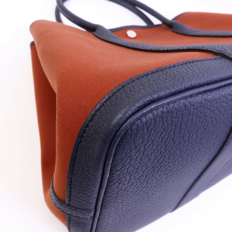 HERMES 帆布/Negonda皮革Garden Party PM手挽袋Cuivre/Bleu Indigo-11