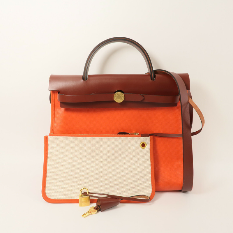 HERMES 帆布Herbag PM手挽肩背兩用袋Orange Mecano/Rough H-11