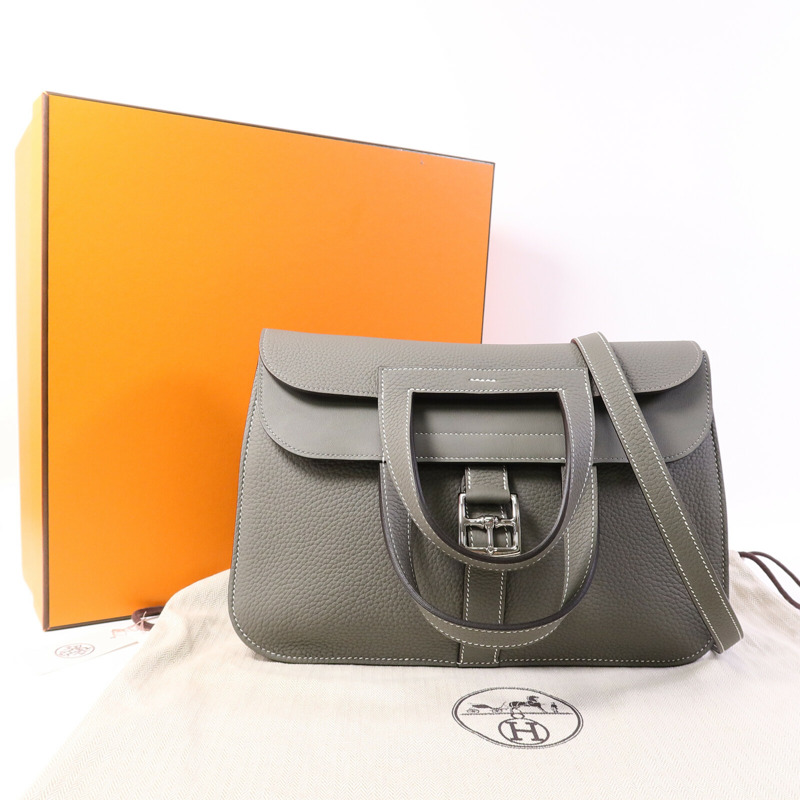 HERMES Clemence皮革Halzan 31手挽肩背兩用袋Gris Meyer-9