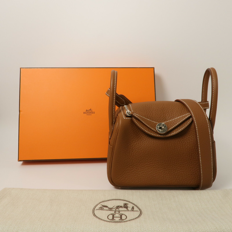 HERMES Clemence皮革Mini Lindy金扣手挽肩背兩用袋Gold-9