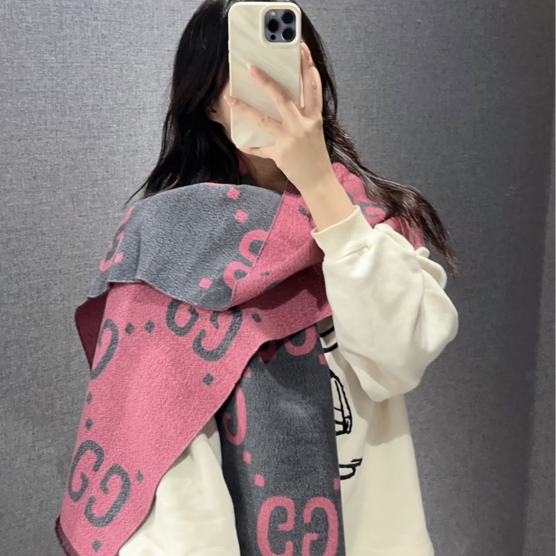 GG圍巾 Gucci 古馳 灰粉 羊絨 雙面 GG圖騰 圍巾 披肩 保暖圍巾 558007-1