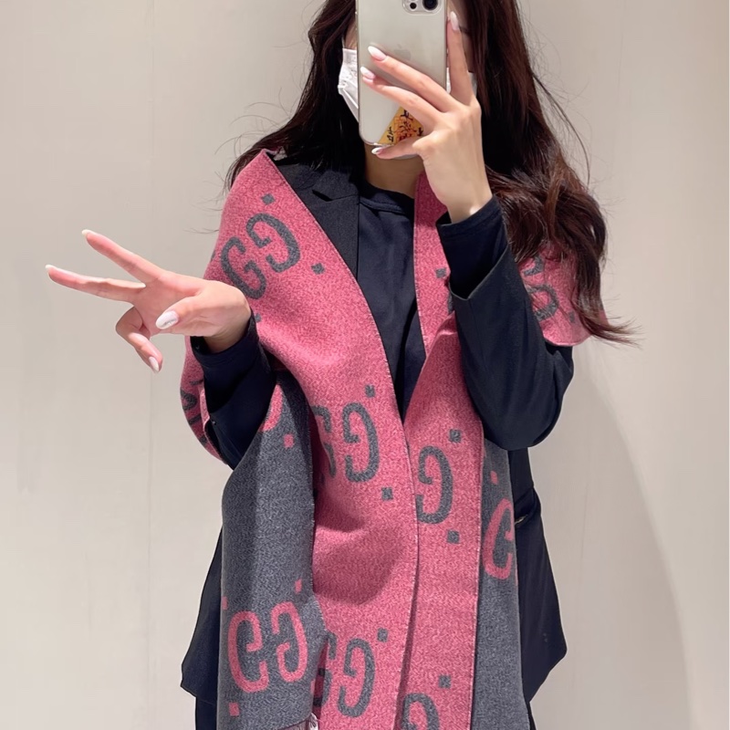 GG圍巾 Gucci 古馳 灰粉 羊絨 雙面 GG圖騰 圍巾 披肩 保暖圍巾 558007-2