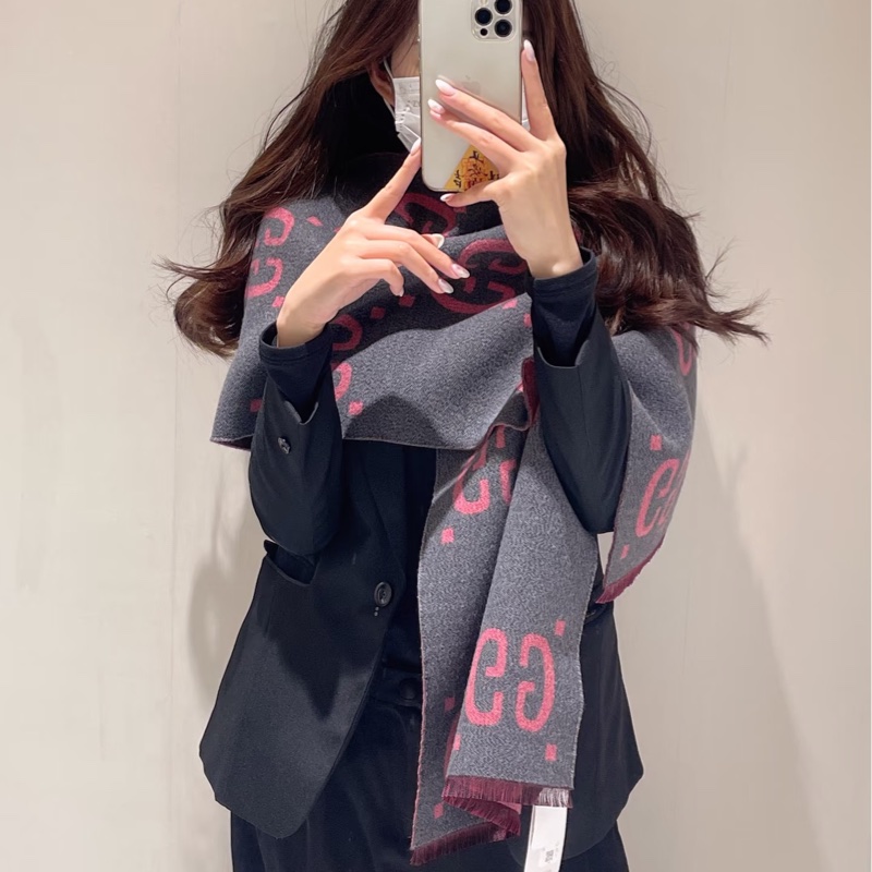 GG圍巾 Gucci 古馳 灰粉 羊絨 雙面 GG圖騰 圍巾 披肩 保暖圍巾 558007-3