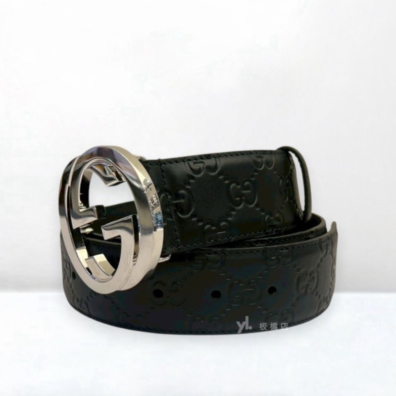 S5444-Gucci GG黑色壓紋牛皮銀釦皮帶411924-4