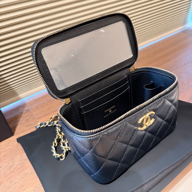 99成新｜CHANEL VANITY A CHAINE 荔枝皮長盒子/黑金-8