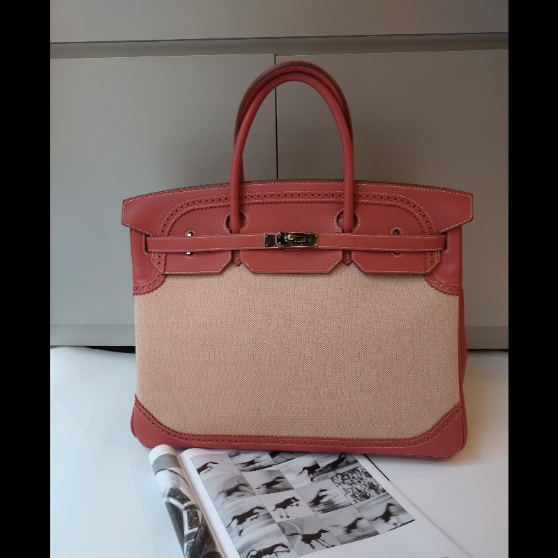 Hermes 銀釦鮭魚粉雕花皮邊布身柏金包 birkin 40-0