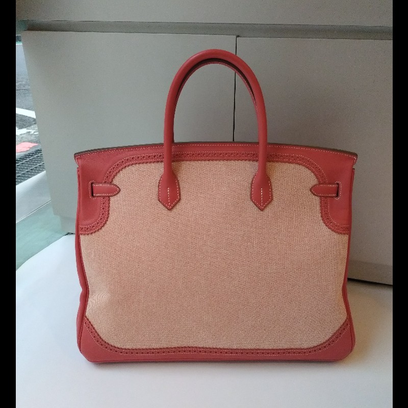 Hermes 銀釦鮭魚粉雕花皮邊布身柏金包 birkin 40-1