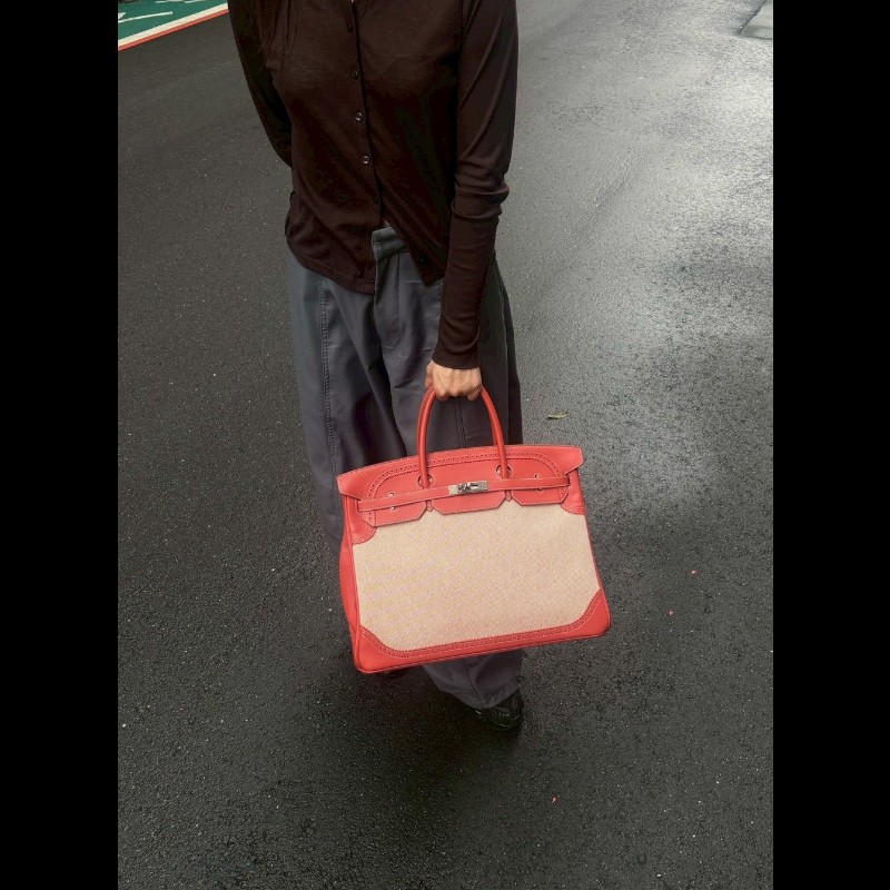 Hermes 銀釦鮭魚粉雕花皮邊布身柏金包 birkin 40-2