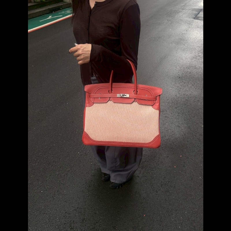 Hermes 銀釦鮭魚粉雕花皮邊布身柏金包 birkin 40-3