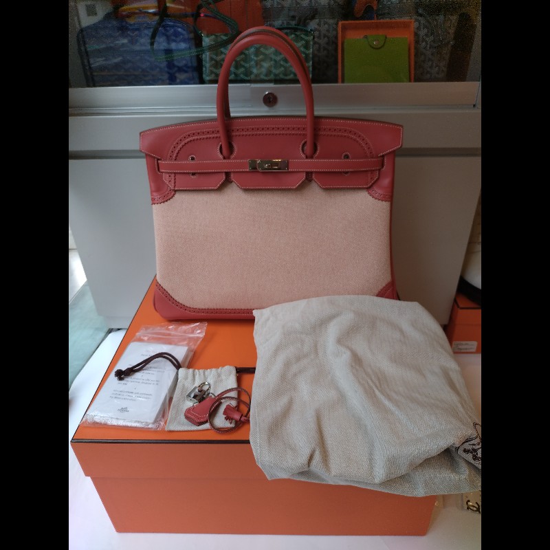 Hermes 銀釦鮭魚粉雕花皮邊布身柏金包 birkin 40-4
