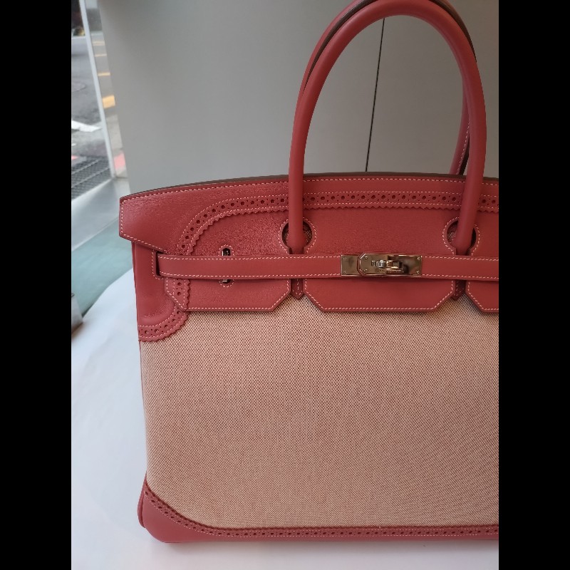 Hermes 銀釦鮭魚粉雕花皮邊布身柏金包 birkin 40-5