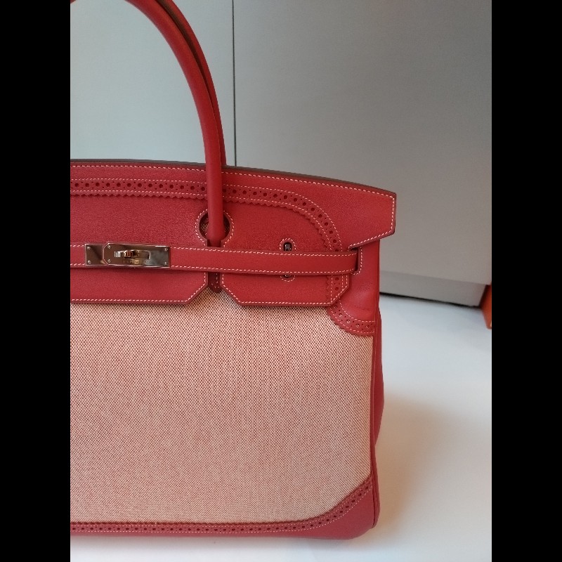 Hermes 銀釦鮭魚粉雕花皮邊布身柏金包 birkin 40-6
