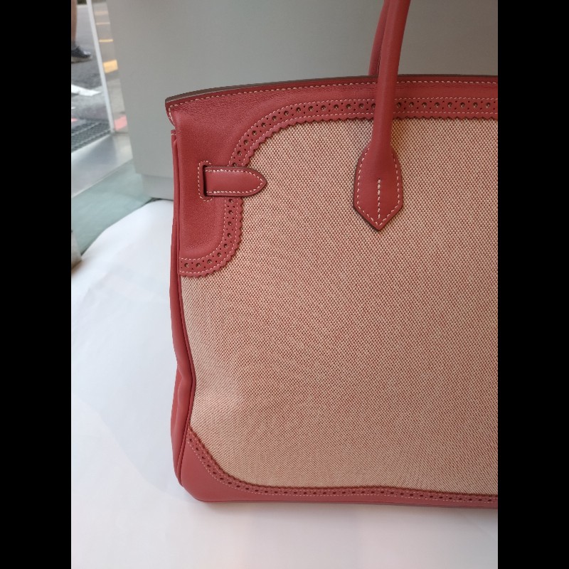 Hermes 銀釦鮭魚粉雕花皮邊布身柏金包 birkin 40-7