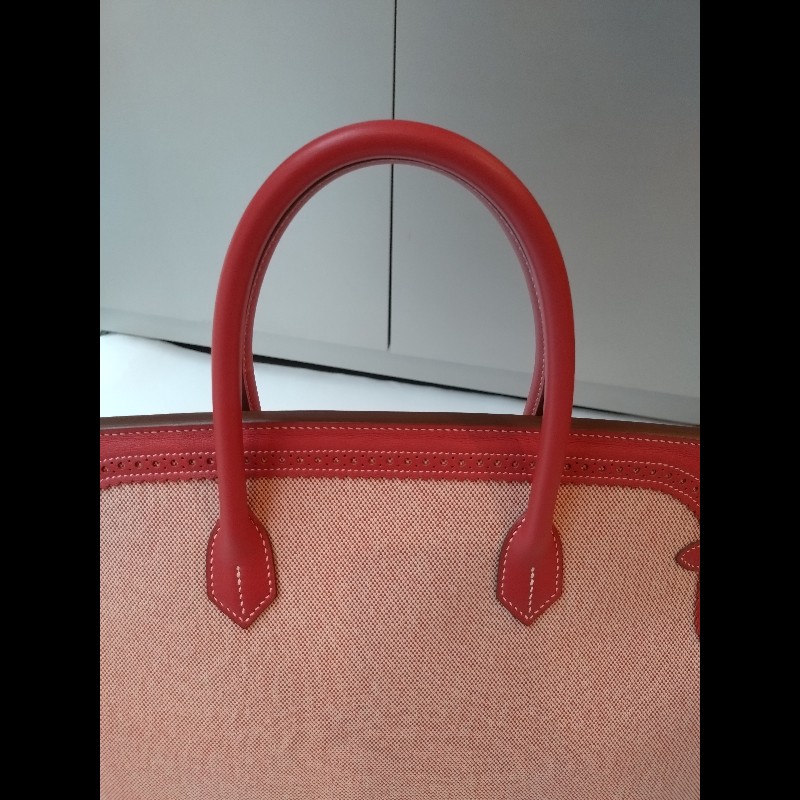 Hermes 銀釦鮭魚粉雕花皮邊布身柏金包 birkin 40-8