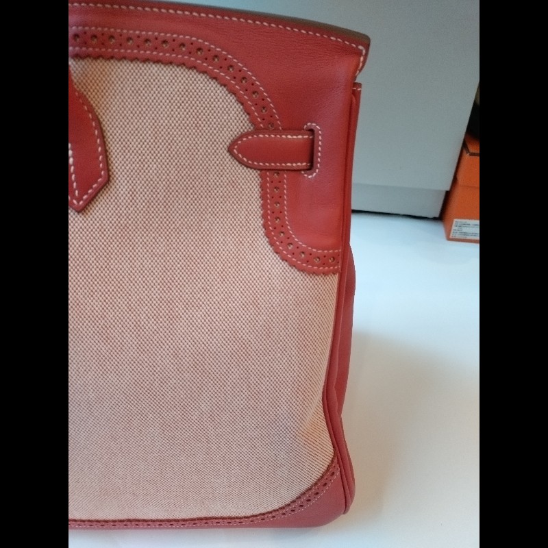 Hermes 銀釦鮭魚粉雕花皮邊布身柏金包 birkin 40-9