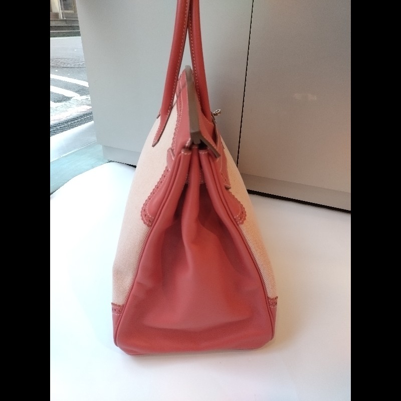 Hermes 銀釦鮭魚粉雕花皮邊布身柏金包 birkin 40-10