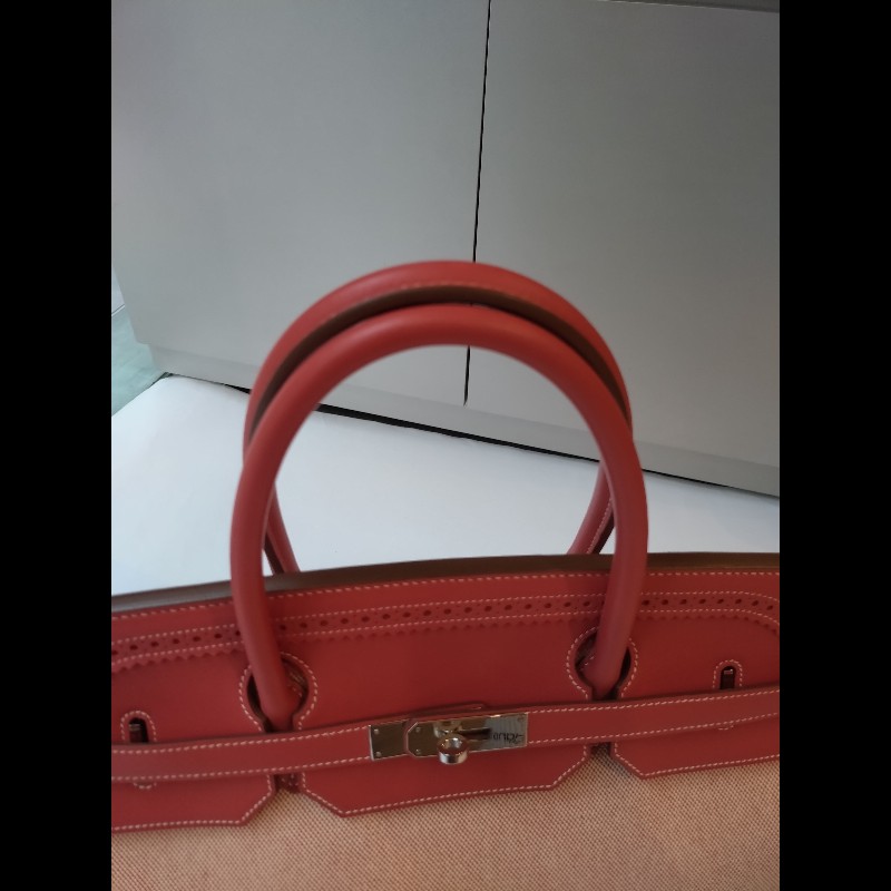 Hermes 銀釦鮭魚粉雕花皮邊布身柏金包 birkin 40-12