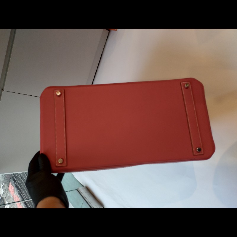 Hermes 銀釦鮭魚粉雕花皮邊布身柏金包 birkin 40-13