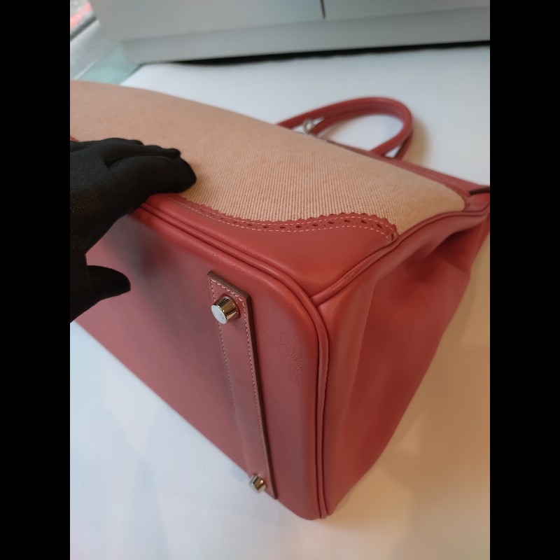 Hermes 銀釦鮭魚粉雕花皮邊布身柏金包 birkin 40-14