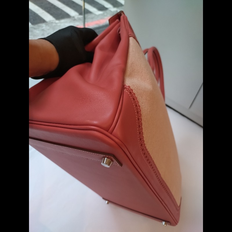 Hermes 銀釦鮭魚粉雕花皮邊布身柏金包 birkin 40-16