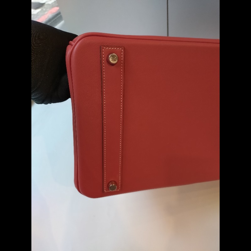 Hermes 銀釦鮭魚粉雕花皮邊布身柏金包 birkin 40-17