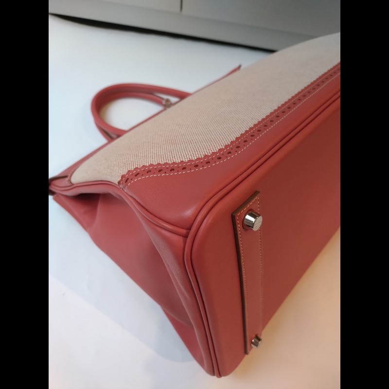 Hermes 銀釦鮭魚粉雕花皮邊布身柏金包 birkin 40-18