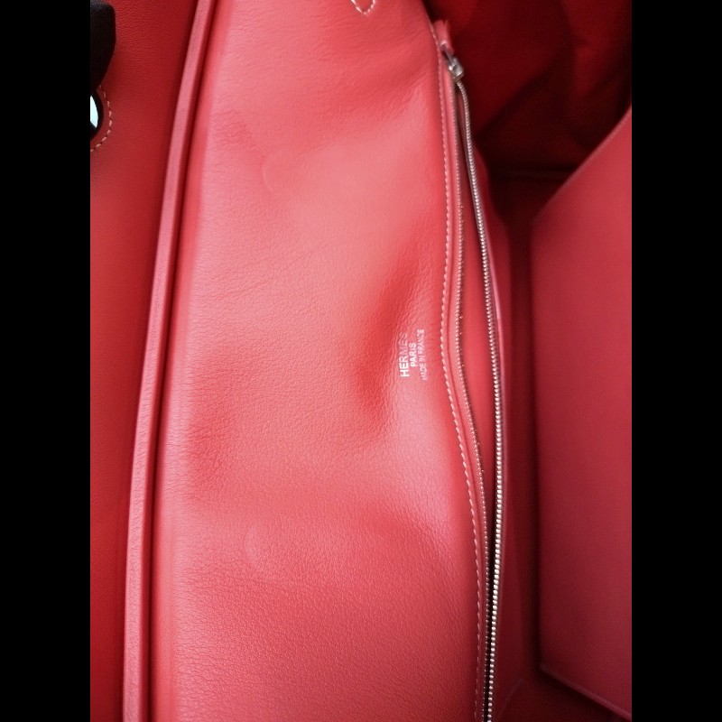 Hermes 銀釦鮭魚粉雕花皮邊布身柏金包 birkin 40-19