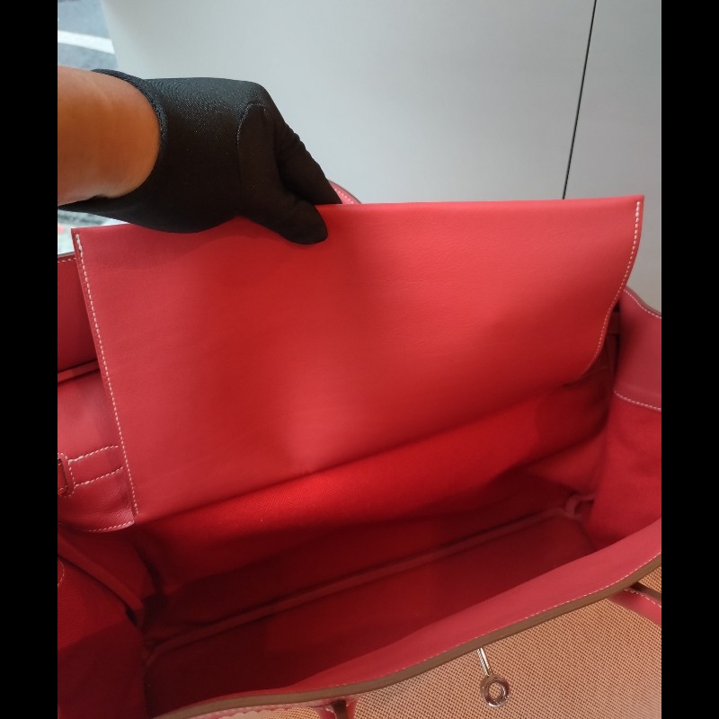 Hermes 銀釦鮭魚粉雕花皮邊布身柏金包 birkin 40-20