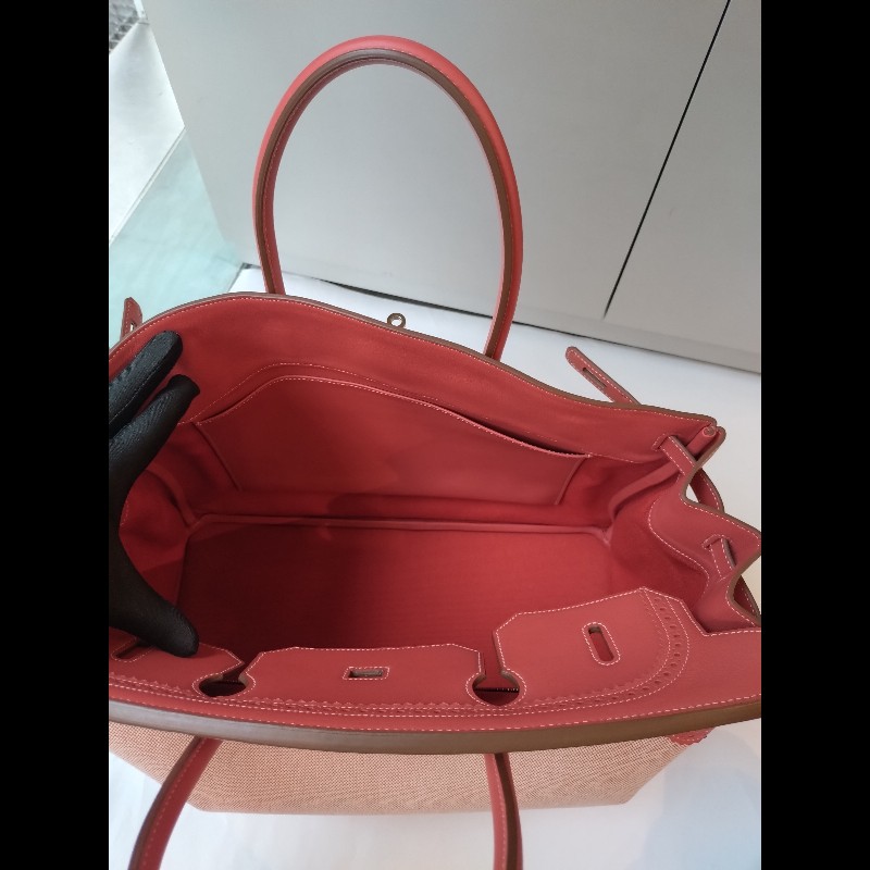 Hermes 銀釦鮭魚粉雕花皮邊布身柏金包 birkin 40-23