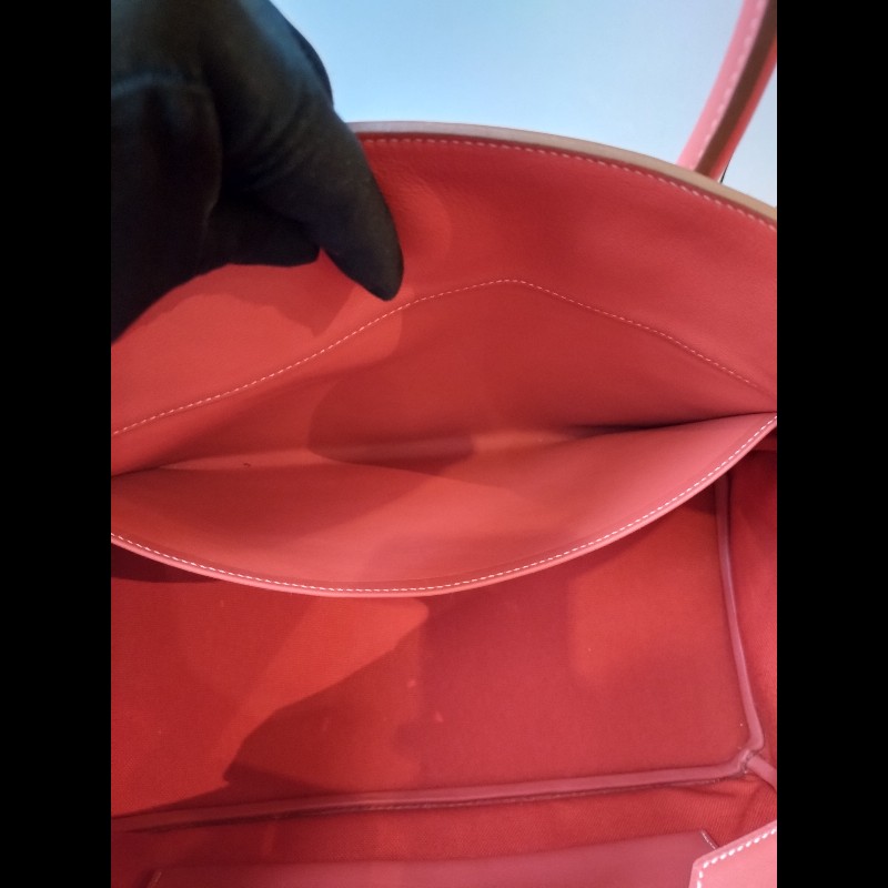 Hermes 銀釦鮭魚粉雕花皮邊布身柏金包 birkin 40-25