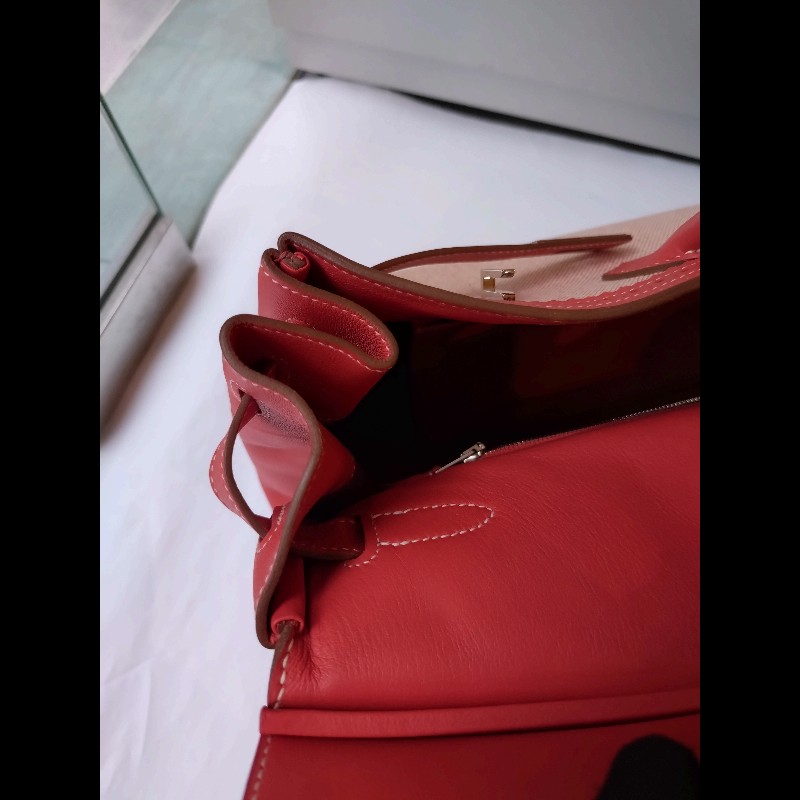 Hermes 銀釦鮭魚粉雕花皮邊布身柏金包 birkin 40-26