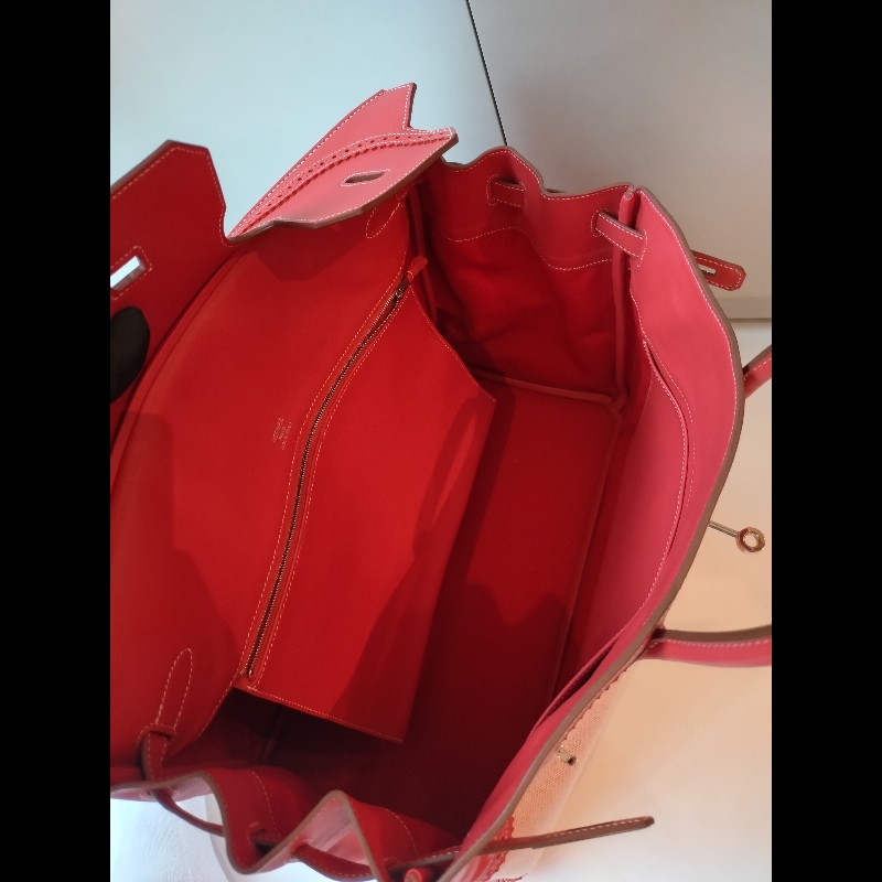 Hermes 銀釦鮭魚粉雕花皮邊布身柏金包 birkin 40-28