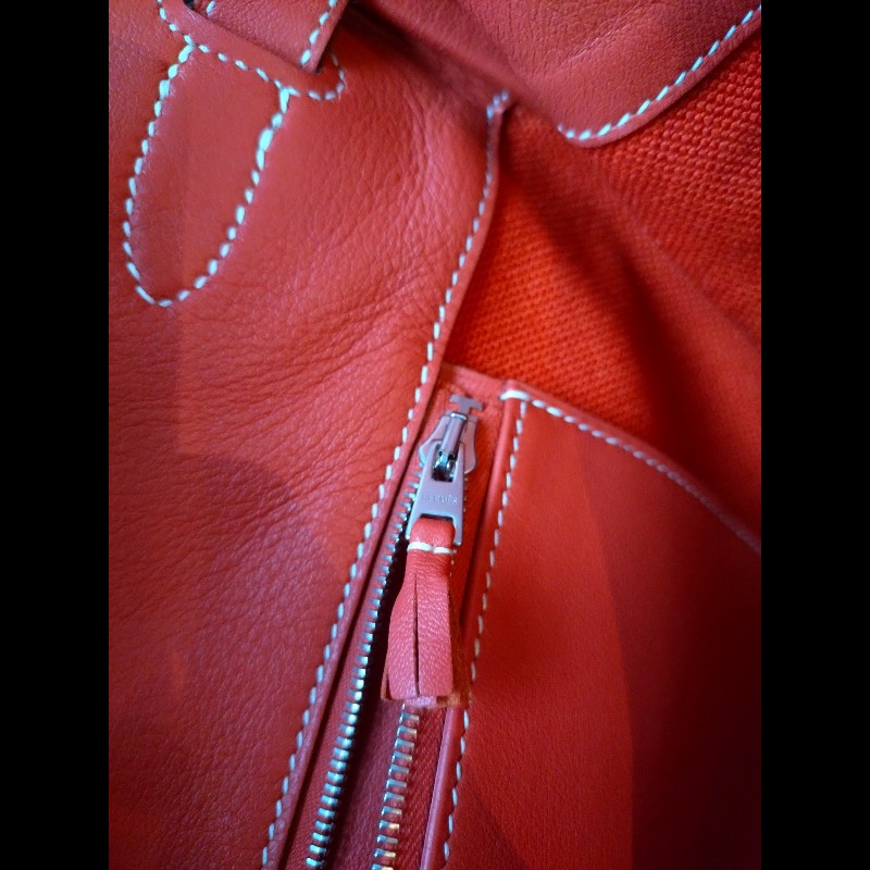 Hermes 銀釦鮭魚粉雕花皮邊布身柏金包 birkin 40-29