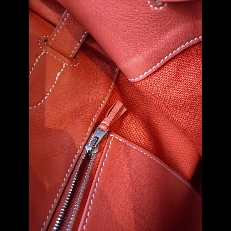 Hermes 銀釦鮭魚粉雕花皮邊布身柏金包 birkin 40-30