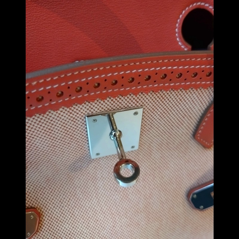 Hermes 銀釦鮭魚粉雕花皮邊布身柏金包 birkin 40-31