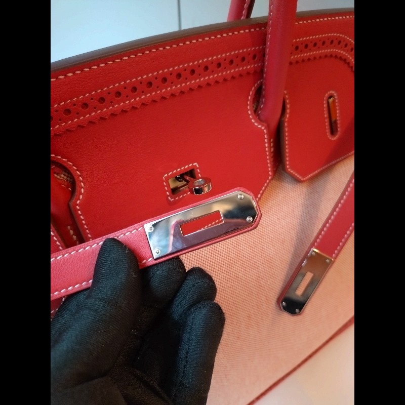 Hermes 銀釦鮭魚粉雕花皮邊布身柏金包 birkin 40-32